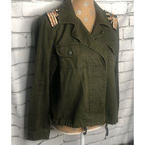 One Hart Beaded Sequins Army Olive Green Military Twill Jacket Juniors Size L